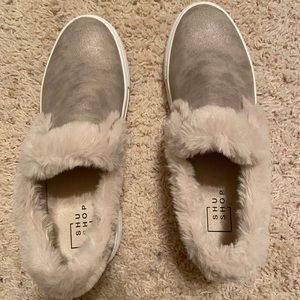 Taupe glittery slip ons